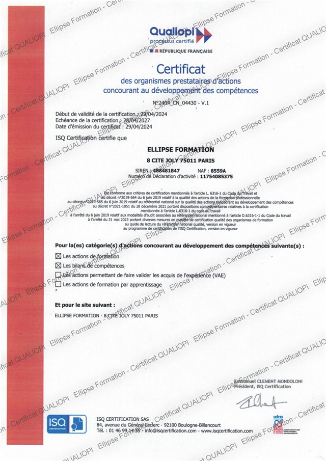 Certificat Qualiopi n° 2404_CN_04430 délivré à Ellipse Formation par ISQ Certification, valable du 29 avril 2024 au 28 avril 2027